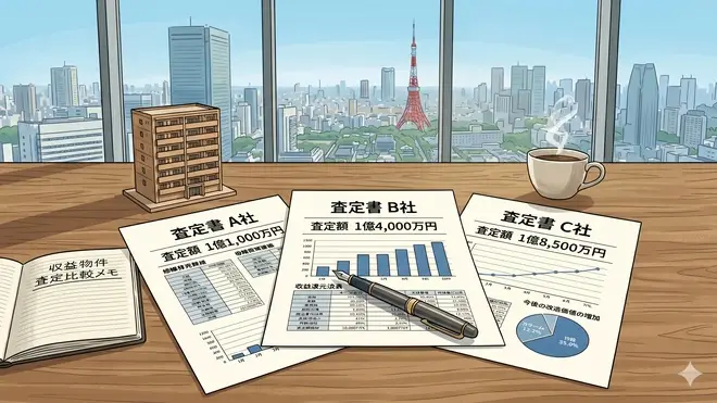 3社の不動産査定書を広げて査定額を比較する一棟アパート売却のイメージ