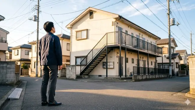 一棟アパートを見上げる50代男性オーナーの後ろ姿