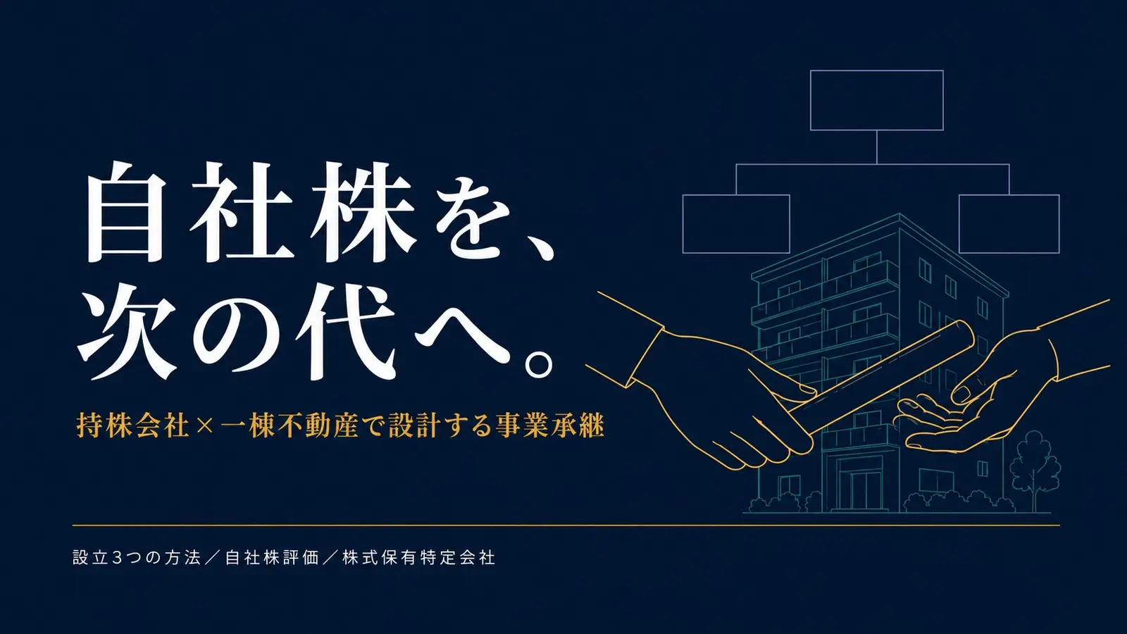 持株会社による事業承継の全体像。自社株を次の代へ引き継ぎ一棟不動産で設計するイメージ