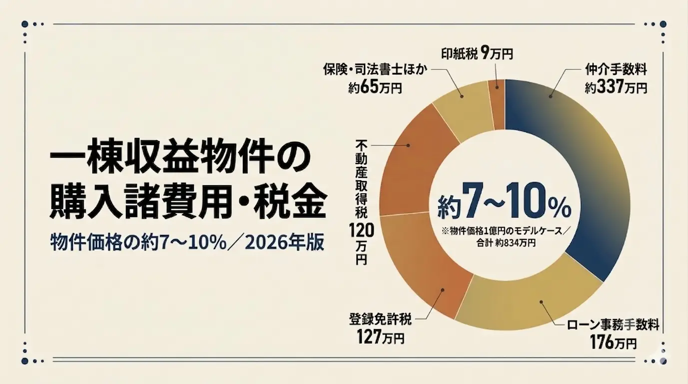 一棟収益物件の購入諸費用・税金（登録免許税/不動産取得税/印紙税/ローン費用）を物件価格比とモデルケースで解説する図