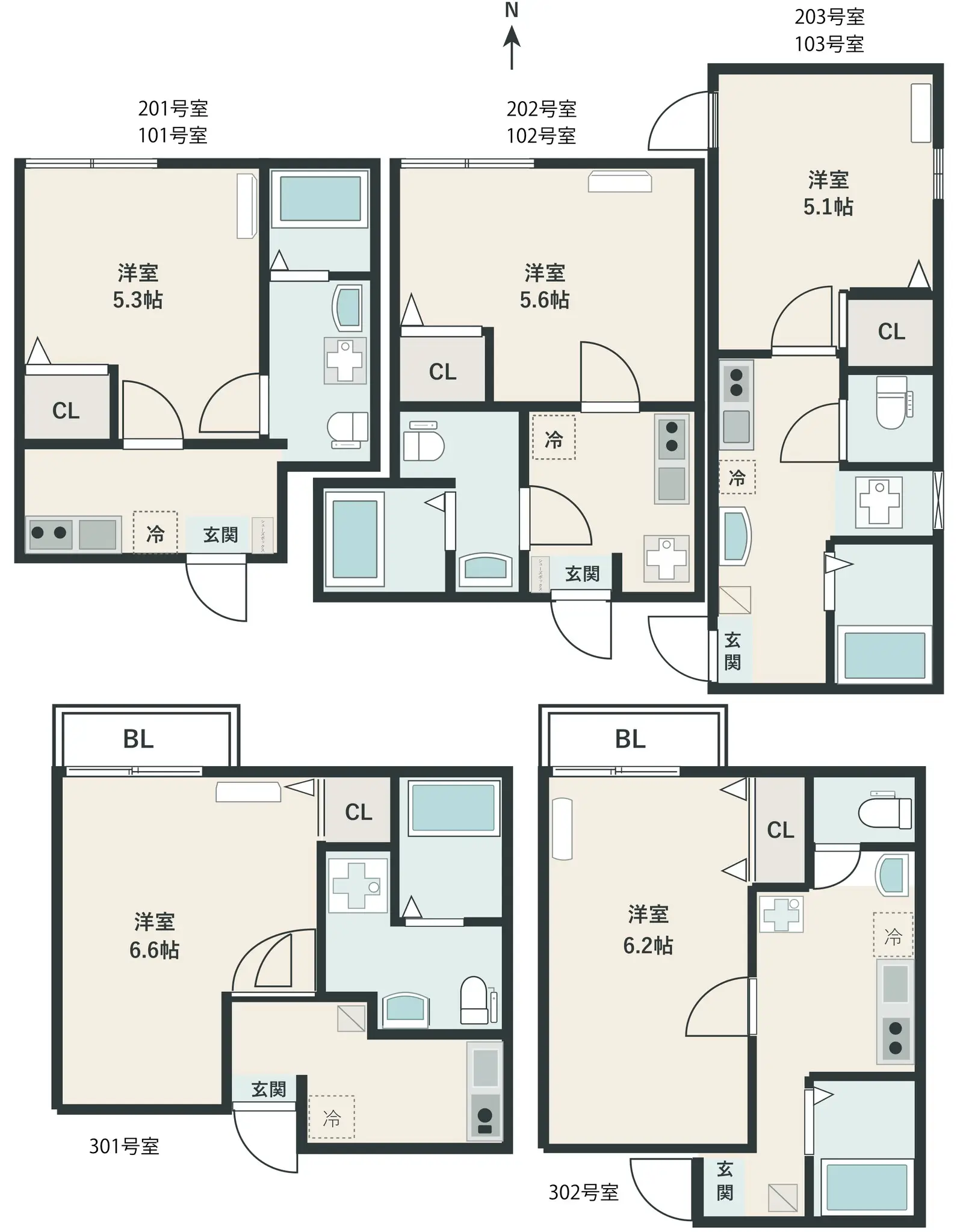 足立区栗原2丁目一棟アパートの間取図 — 全8戸（1K×8戸）の各住戸プラン