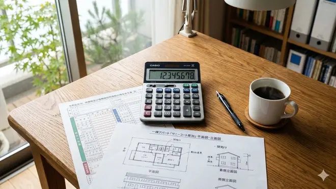 電卓とアパート図面と確定申告書が並ぶデスクのイメージ