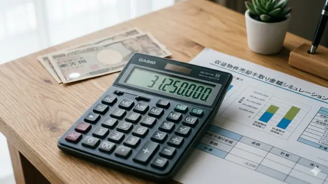 手取り金額シミュレーションの電卓と収益物件売却書類のイメージ