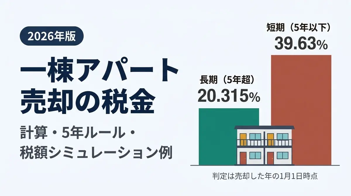 一棟アパート売却の税金：長期譲渡所得20.315%と短期譲渡所得39.63%の税率比較（判定は売却した年の1月1日時点）