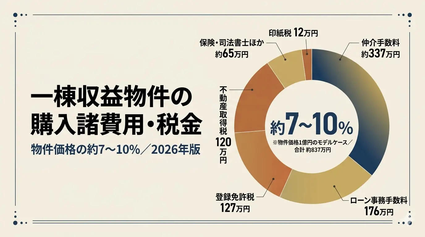 一棟収益物件の購入諸費用・税金（登録免許税/不動産取得税/印紙税/ローン費用）を物件価格比とモデルケースで解説する図