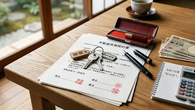 不動産売買契約書・鍵・印鑑が並ぶ収益物件売却のクロージングイメージ