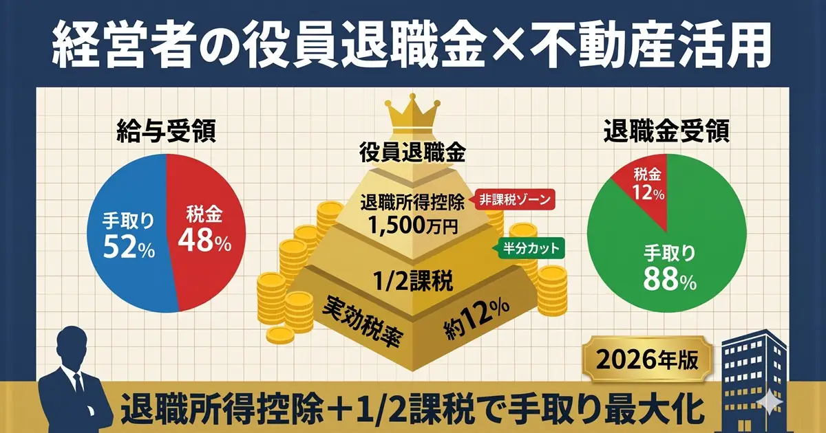 役員退職金×不動産活用ガイド｜退職所得控除1,500万円・1/2課税で実効税率12%・手取り88%【2026年版】