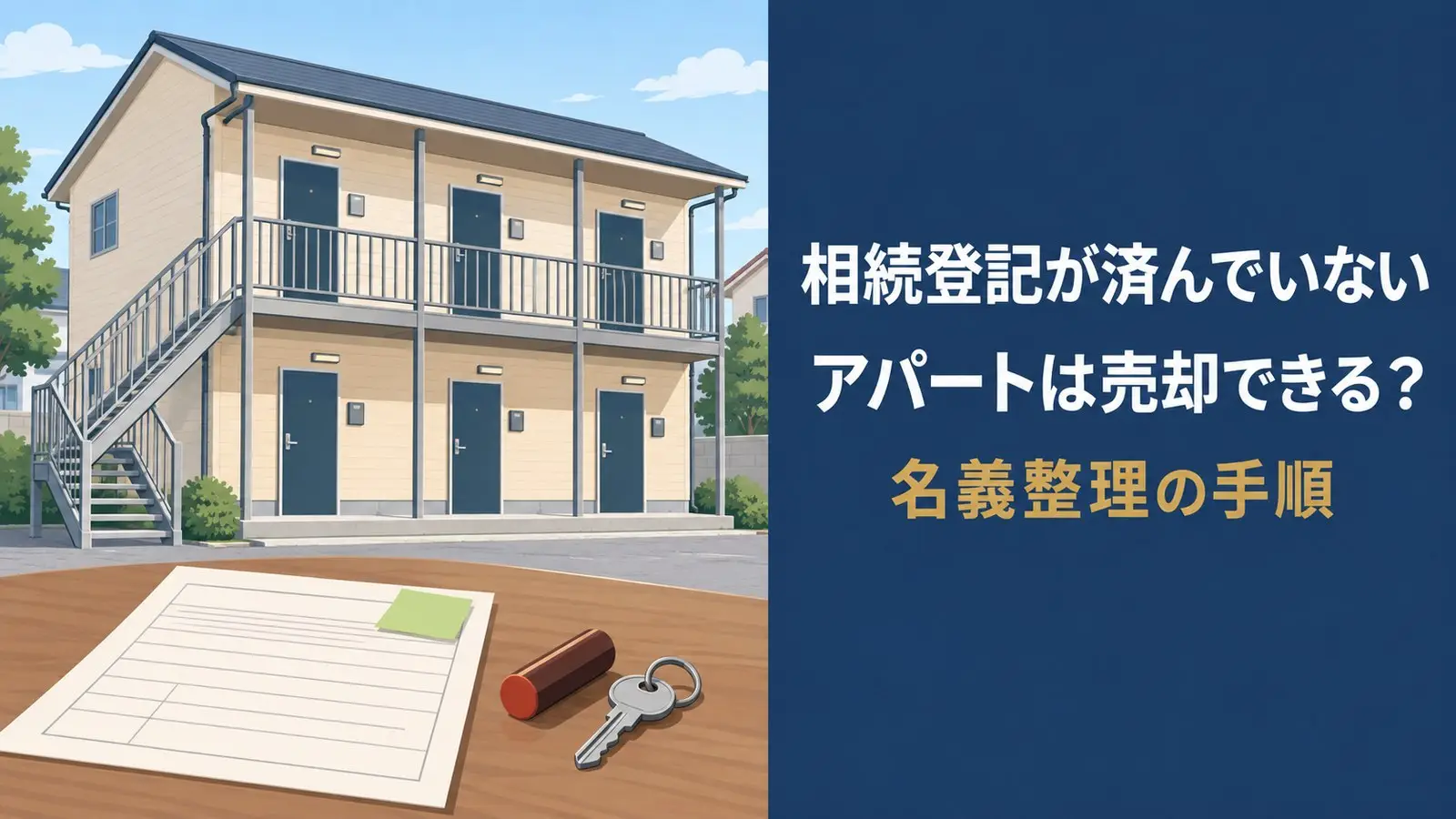 木造2階建ての一棟アパートと、机に置かれた登記の書類・印鑑・鍵のイラスト。相続したアパートの名義整理と売却の手順を表す